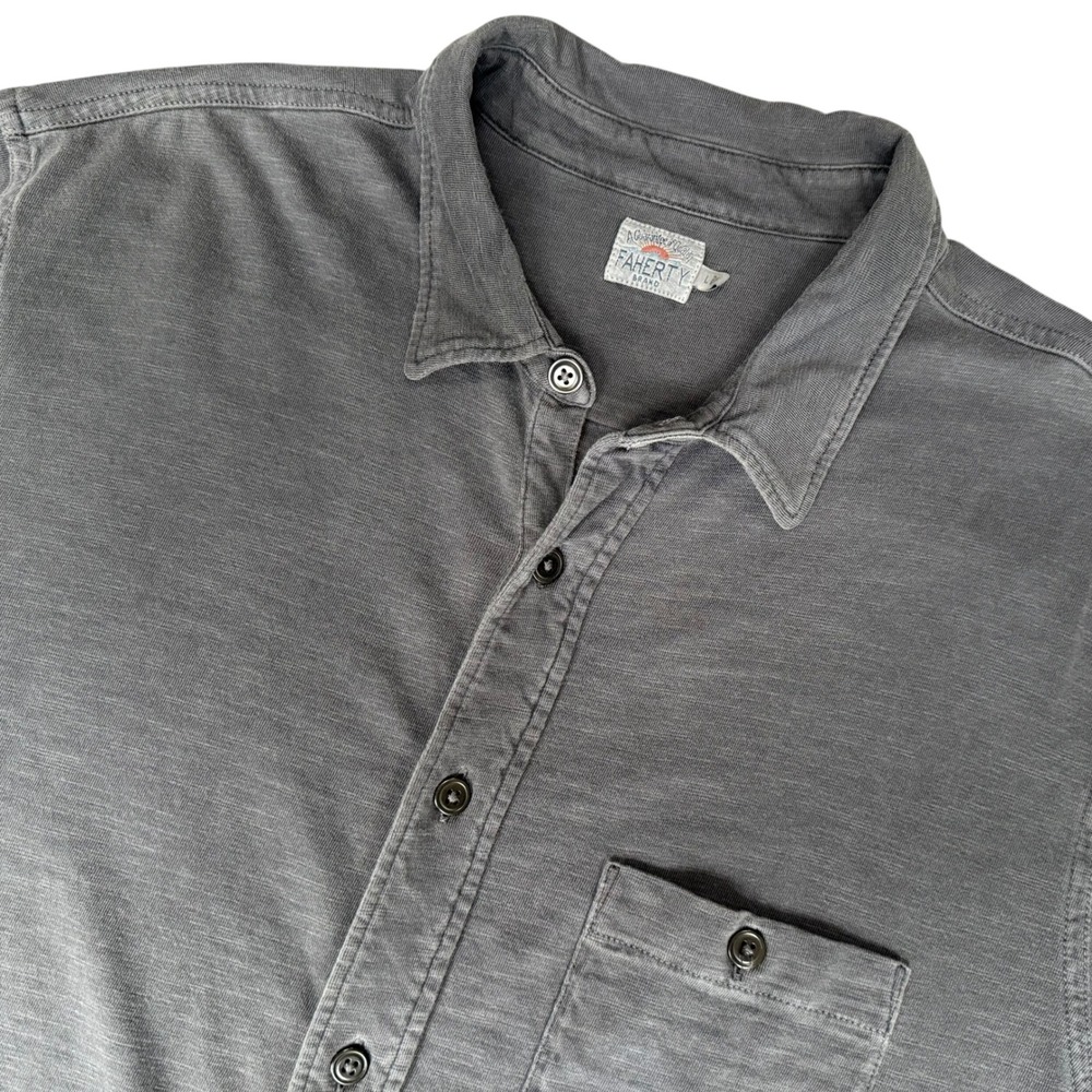 Faherty Sunwashed Knit Short Sleeve Shirt Button Down Gray Cotton Pocket Large
